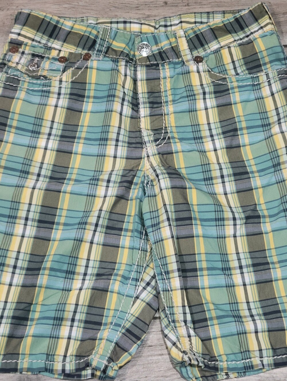 True Religion Surf Board Swim Wear Shorts 36 Plaid Blue Grey Green